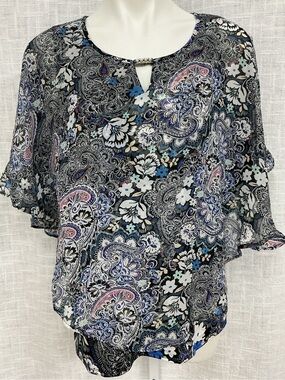 Notations Black Paisley Floral Keyhole Flutter Blouse with Pink & Blue Accents